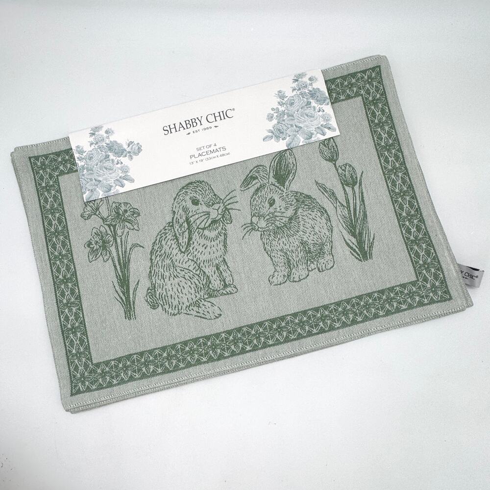 Set of 4 Shabby Chic Annalise Green Bunny Jacquard Easter Placemats NEW
